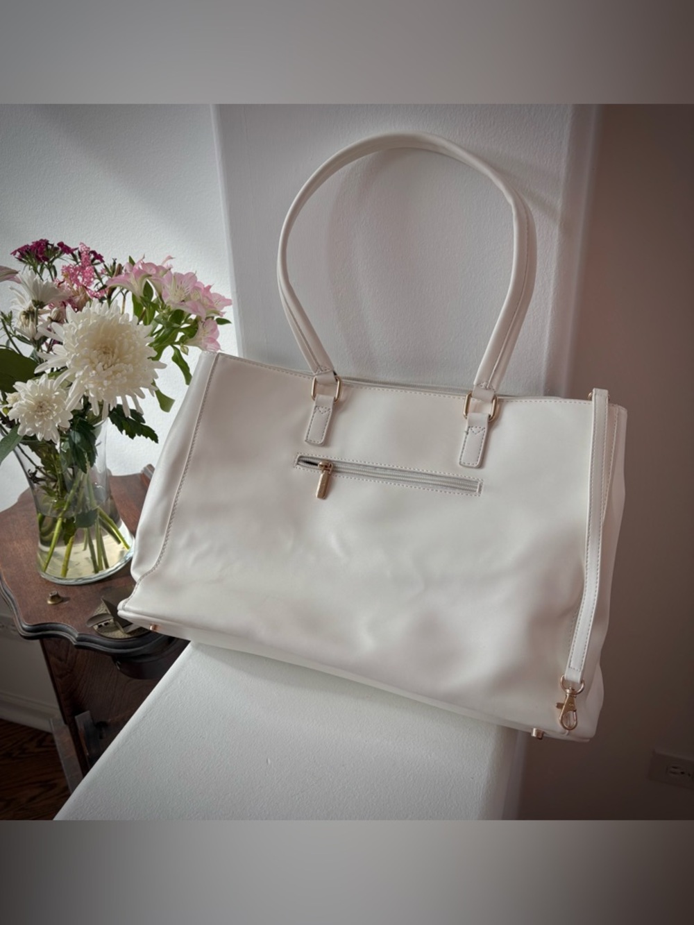 White Laptop Tote Bag Minimalist Work Office Commuter Carryall - Picture 10 of 16
